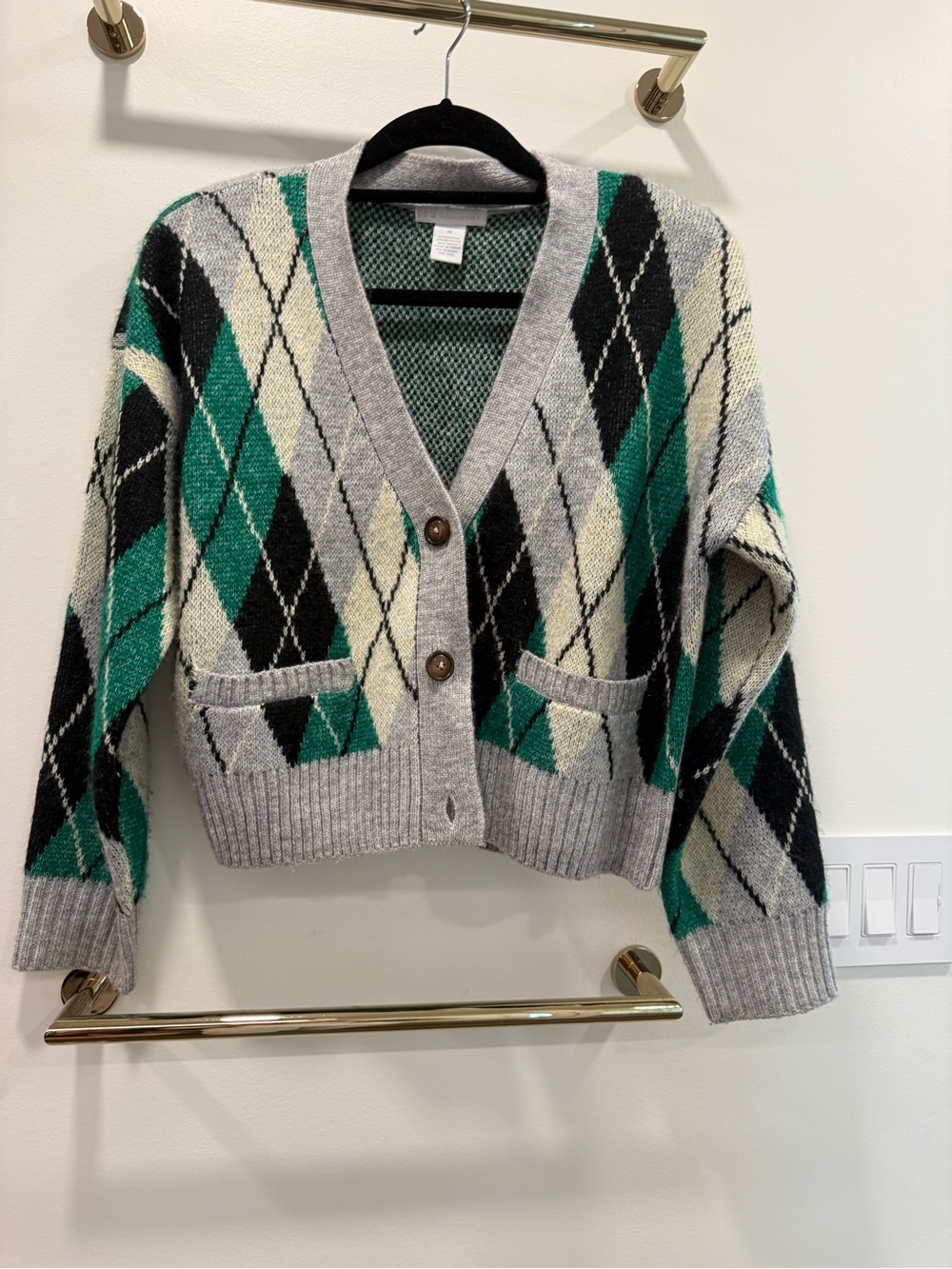 Design History Gray Argyle Cardigan with Green and Black Accents